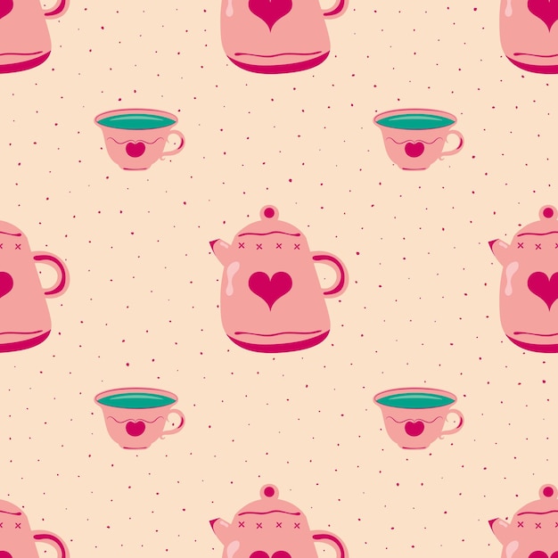 Vector cute kettle and cup seamless pattern herbal tea mugs childish style hand drawn doodle illustration