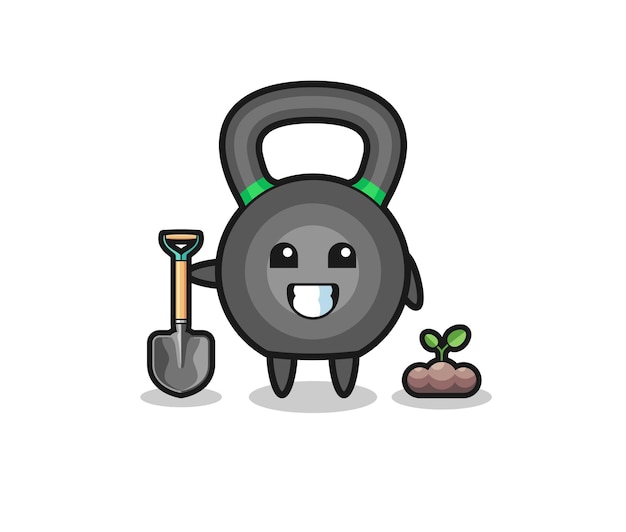 Cute kettlebell cartoon is planting a tree seed