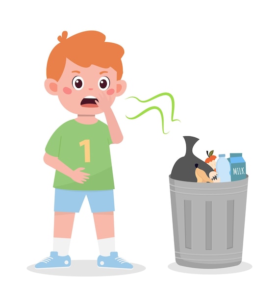 Cute kid boy does not like the bad smell from trash cartoon illustration