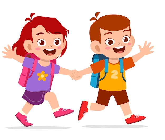 Cute kid boy and girl holding hand and go to school together illustration