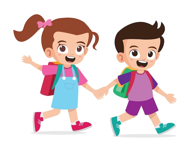 Cute kid boy and girl holding hand and go to school together