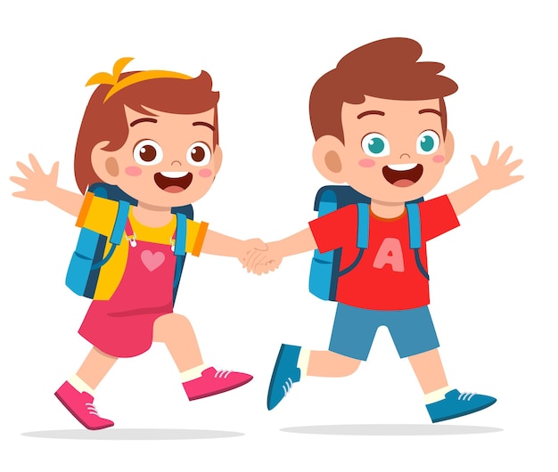 Cute kid boy and girl holding hand and go to school together