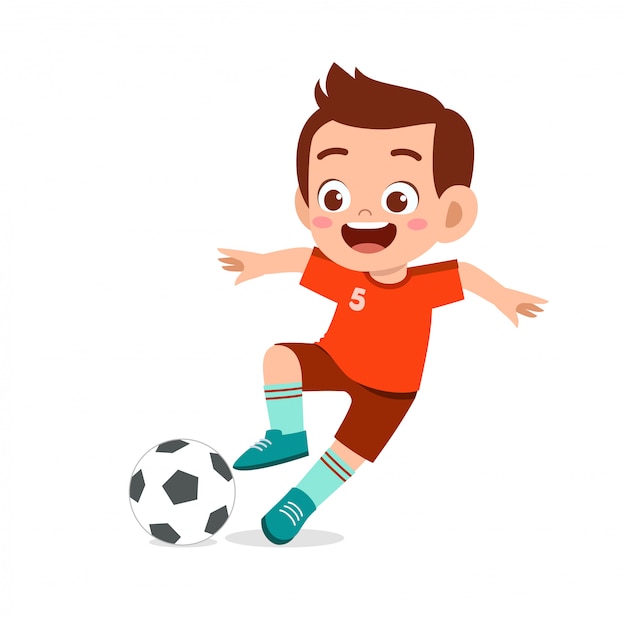 Cute kid boy play soccer as striker