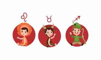 Vector cute kid characters depicting zodiac sign or astrological sign vector illustration set