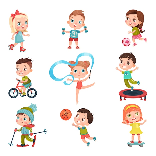 cute kid characters doing sport vector illustration set