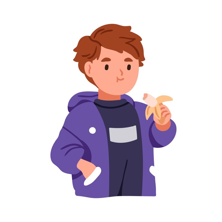 Vector cute kid eating banana child with healthy natural snack sweet vitamin food in hand happy little boy chewing food organic vitamin dessert flat vector illustration isolated on white background