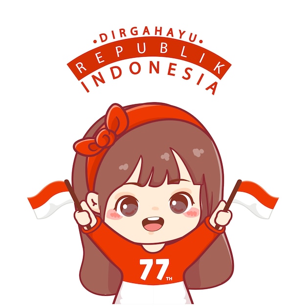 Милая девочка празднует 77-й день независимости индонезии или диргахаю кемердекаан индонезия ке 77