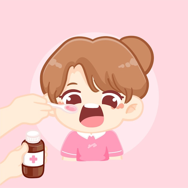 Cute kid girl eat medicine or supplemen syrup fed with mother's hand cartoon concept illustration