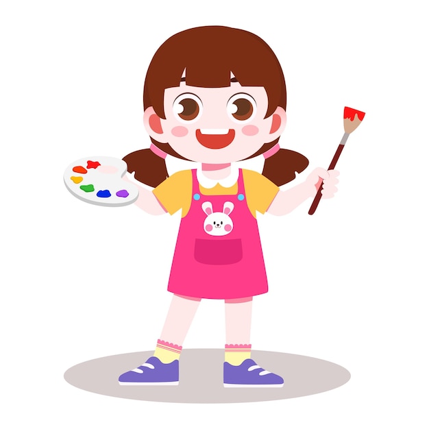 Cute kid girl holding palette hand drawn cartoon