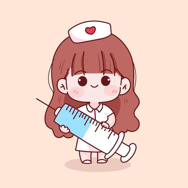 Vector cute kid girl in nurse uniform holding syringe hand drawn cartoon character illustration