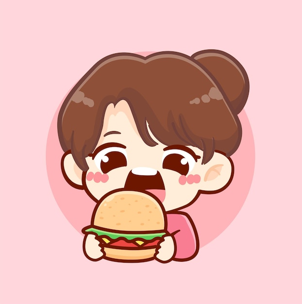 Cute kid girl open mouth get ready to eating hamburger cartoon