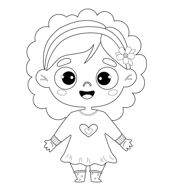 Cute kid girl Outline drawing coloring book Isolated funny kid character on white background