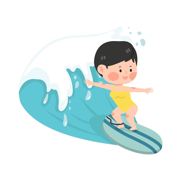 Cute kid girl riding surfboard withbig wave