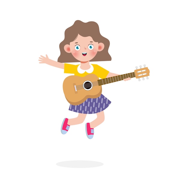 cute kid jumping playing guitar happy children boy playing the guitar Musical performance vector