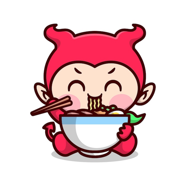 Bimbo sveglio in costume da diavolo rosso mangia una grande ciotola di noodle con bacchette di alta qualità disegno della mascotte del fumetto
