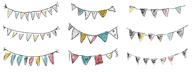 Vector cute kid scribble line bunting flags hand drawn doodle sketch childish element set