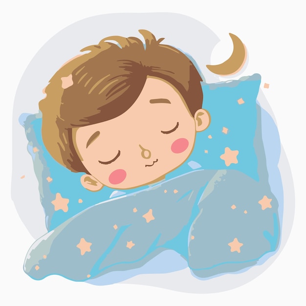 Vector cute kid sleeping adorable cartoon child dreaming in his bed vector illustration of peaceful night