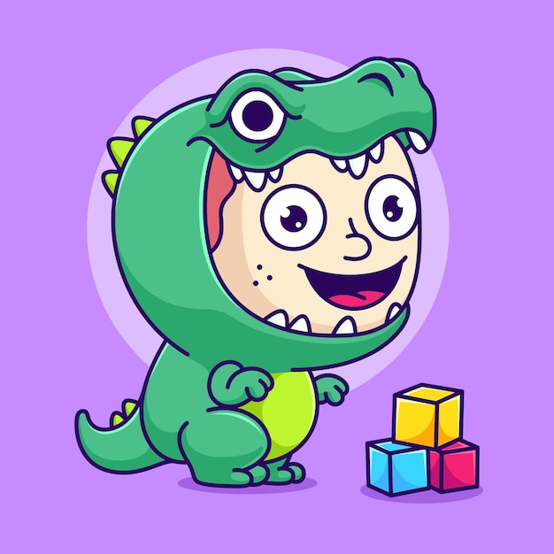 Vector cute kid wearing t-rex dinosaur costume