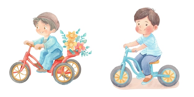 Vettore bambino carino con triciclo acquerello illustrazione vettoriale 10