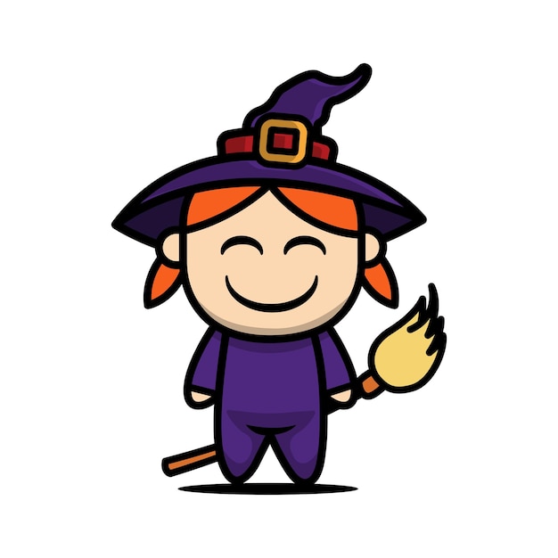 Cute kid with witch halloween mascot costume