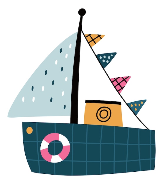 Vector cute kid yacht with white sail and color flags