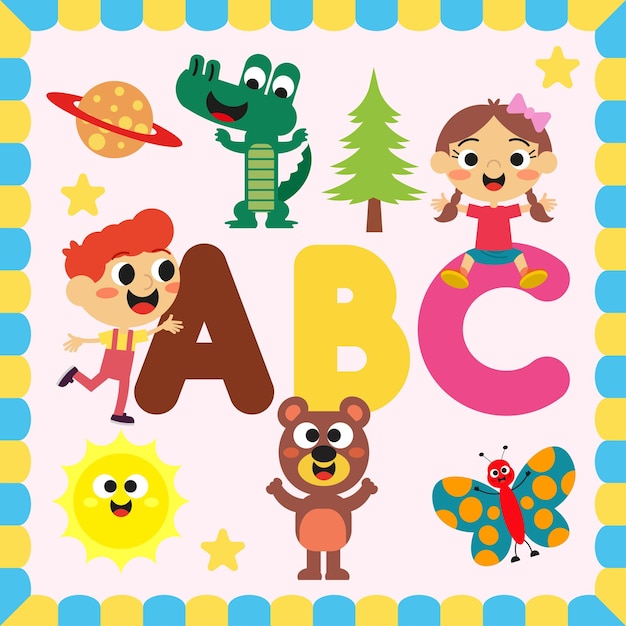 귀여운 아이 동물과 다채로운 글자