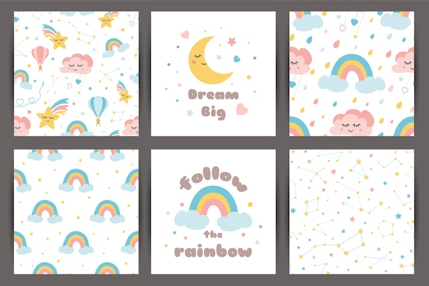 Cute kids backgroungs set in cartoon style Hand drawn patterns with dream moon smiling cloud rainbow stars Happy Birthday children design Textile fabric cloth template Hand drawn vector illustration