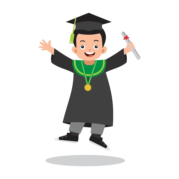 Cute kids boy character graduation from school with jumping motion