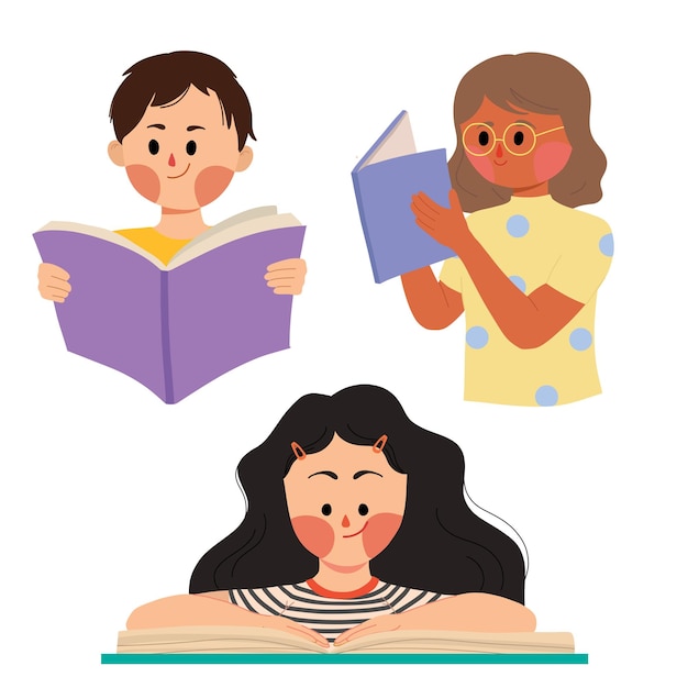cute kids boy and girl diversity children reading book set illustrations