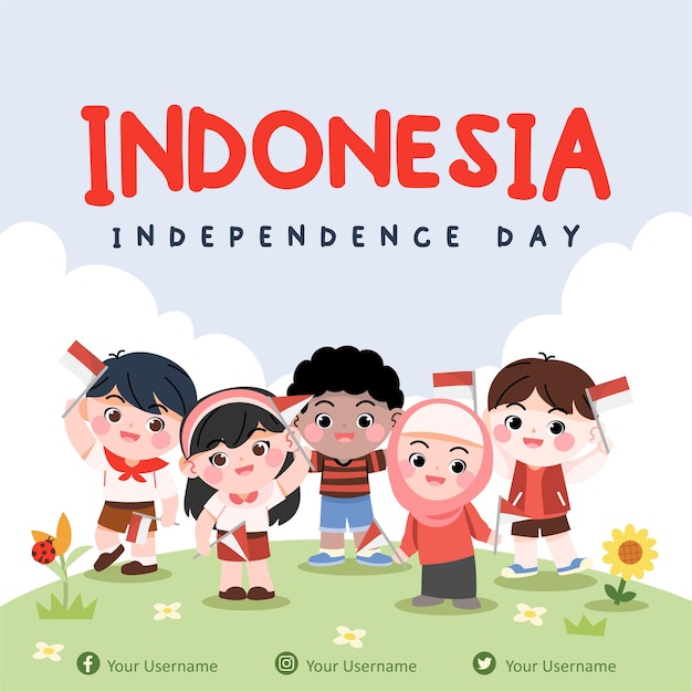 Cute kids, boy and girl Indonesia independence day social media post