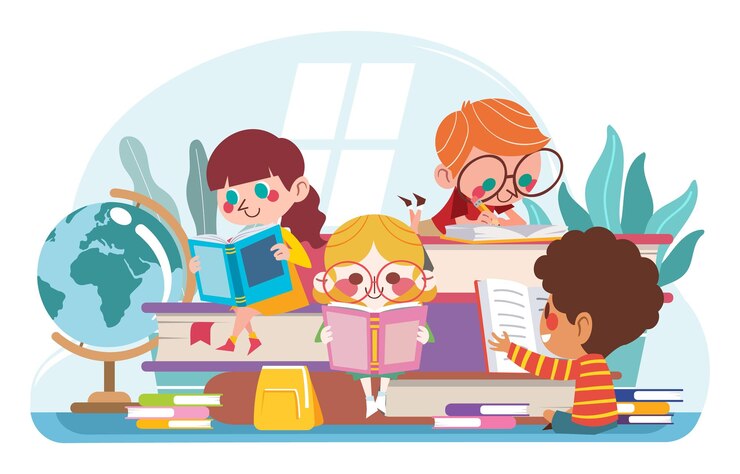 Vector cute kids boy and girl study together