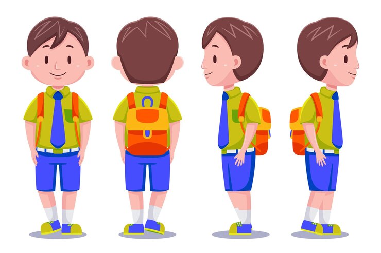 배낭을 들고 다른 포즈에 귀여운 아이 소년 학생 캐릭터.