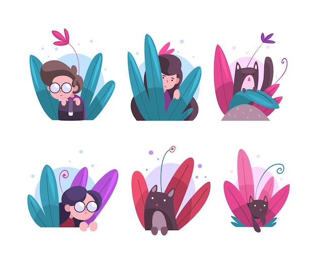 cute kids and cats peeking out from bushes set lovely kids hiding in dense grass cartoon vector illustration