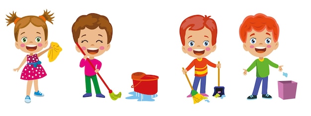 Cute kids cleaning mop collecting garbage and sweeping