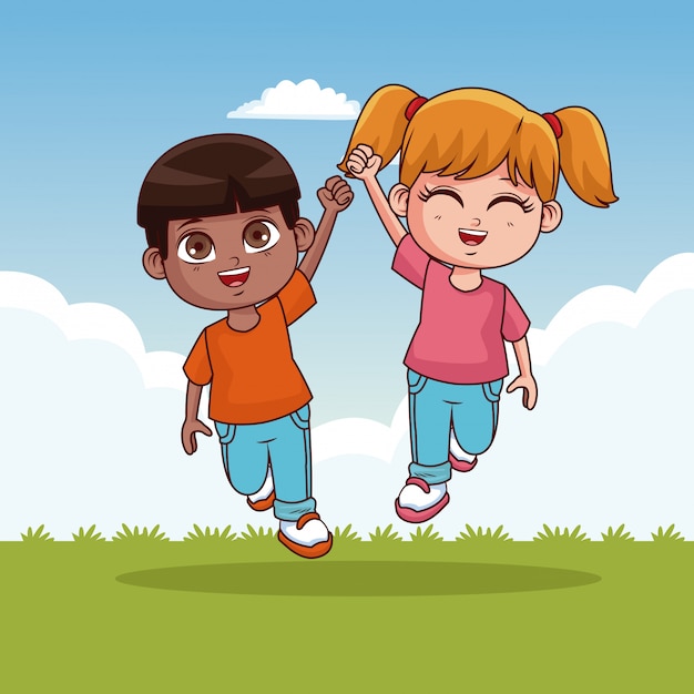 Vector cute kids couple in the park cartoons