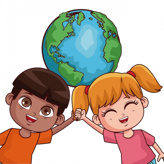 Cute kids couple saving the world cartoon