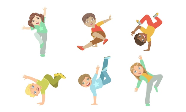 Cute kids dancing break dance set boys and girls performing modern dance vector illustration