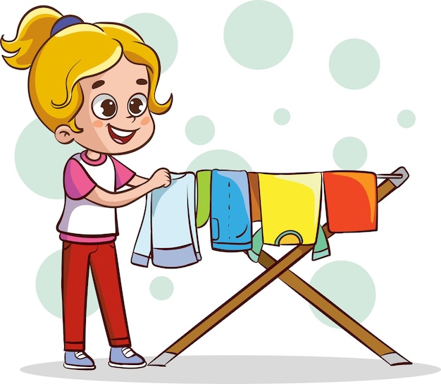 Cute kids doing housework choresgirl hanging wet clothes out to dry cartoon vector illustration