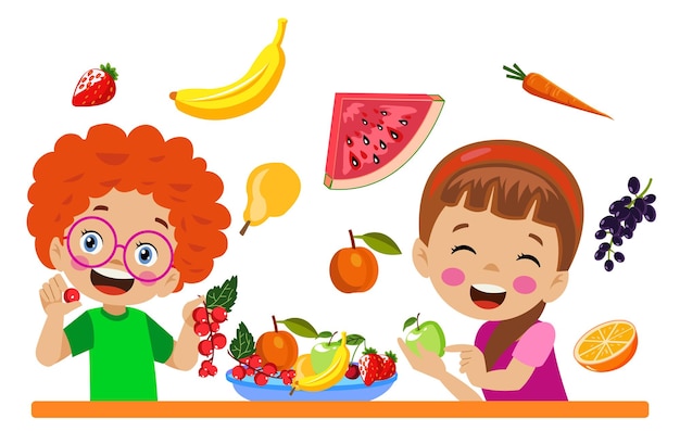 Cute kids eating assorted fruits