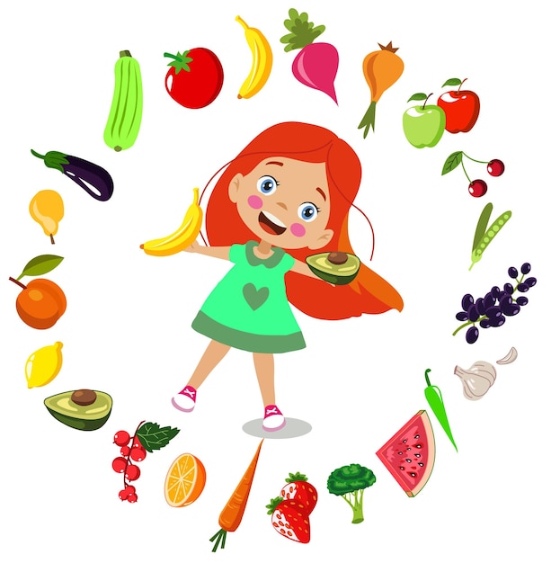 Vector cute kids eating assorted fruits