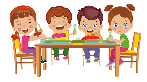 Vector cute kids eating at the dinner table