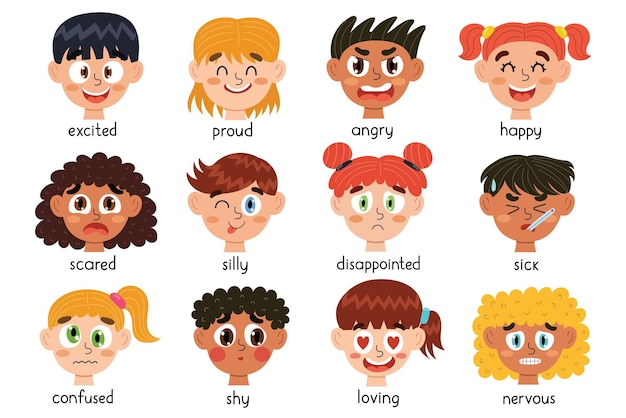 Cute kids emotions faces collection different emotional expressions of children