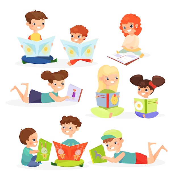 Cute kids enjoying childish stories cartoon characters Cheerful children with textbooks looking at pictures