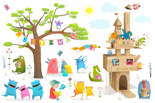 Cute kids fairy tale characters with cardboard castle building design elements.