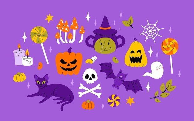 ハロウィンセット ハッピーパンキン ゾンビ ハンド スイートゴーストスカール カップケーキ カンディとウィッチ・ポッション 10月の休日 スティッカー デザイン要素 バンドル 孤立したフラットベクトルイラスト