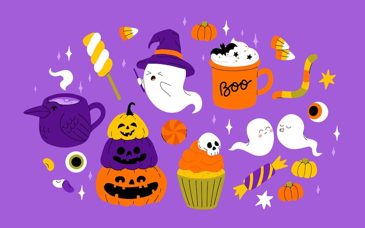 Vector ハロウィンセット ハッピーパンキン ゾンビ ハンド スイートゴーストスカール カップケーキ カンディとウィッチ・ポッション 10月の休日 スティッカー デザイン要素 バンドル 孤立したフラットベクトルイラスト