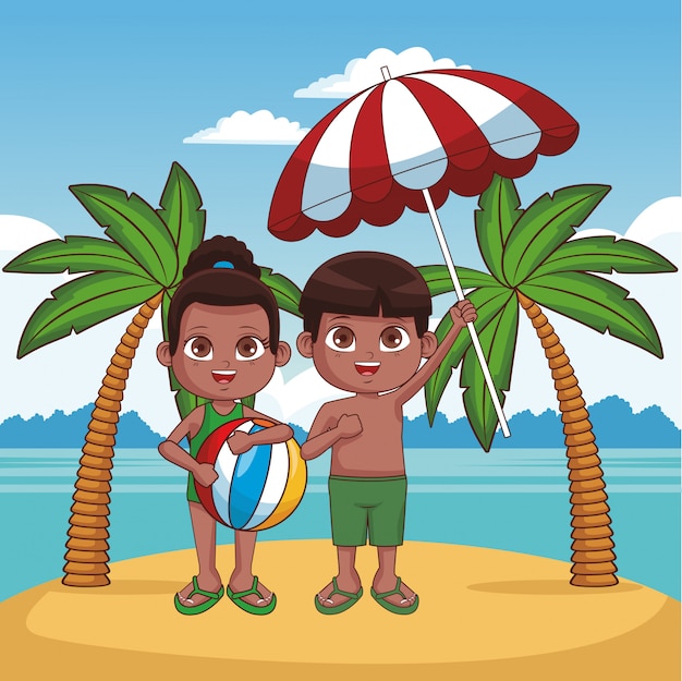 Cute kids having fun at beach cartoons vector illustration graphic design