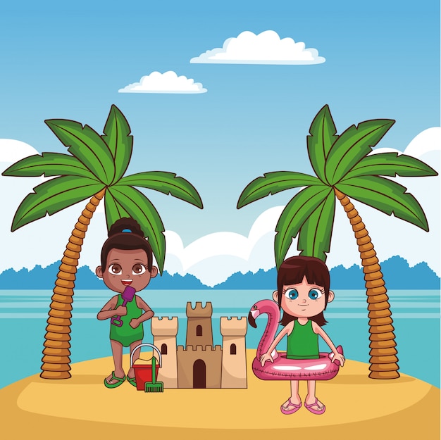 Cute kids having fun at beach cartoons vector illustration graphic design