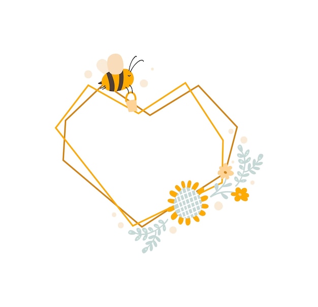 Cute kids heart love frame with bee and bouquet of sunflower wreath summer Baby scandinavian