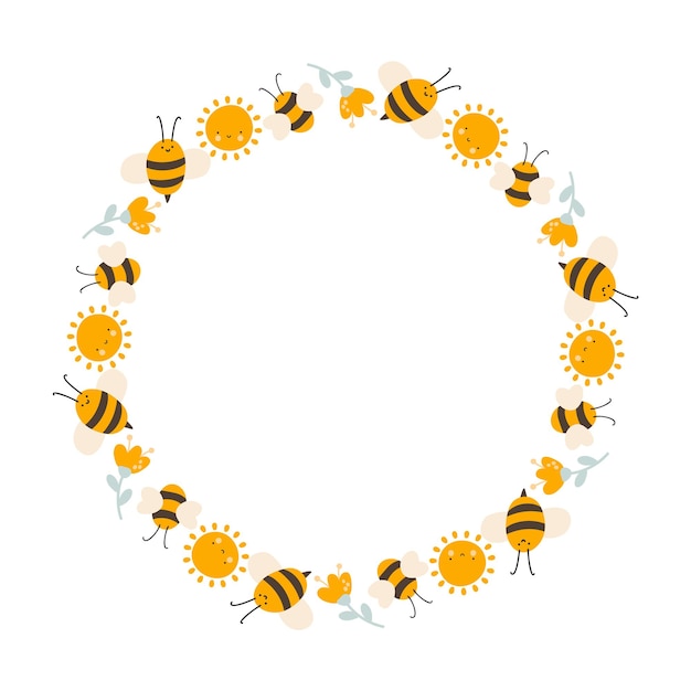 벡터 평평한 프레임 벡터 스칸디나비아 스타일의 귀여운 어린이 꿀 화환에는 태양, 꽃, 벌이 있습니다.